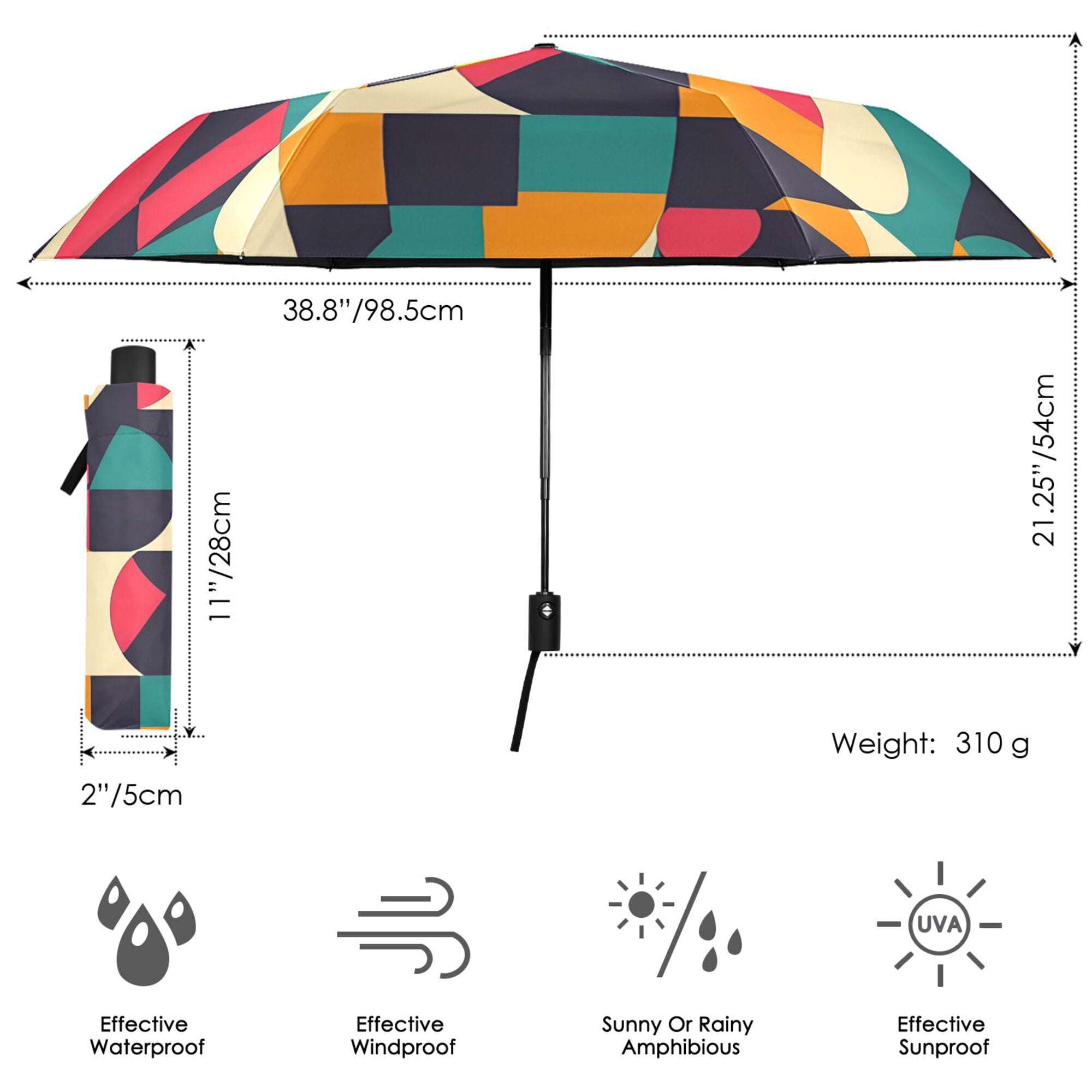 FORMRS Travel Umbrella Folding Auto Open Close Windproof Rain UV Protection, Retro Geometric