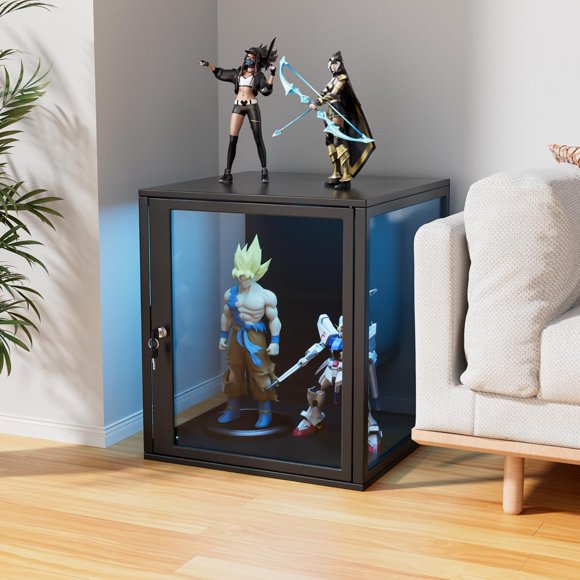 Slsy Display Cabinet with Acrylic Doors & Lock, 17.7" Glass Curio Cabinet with Multi-Color LED Lights, 1 Tier Figurine Showcase for Collectibles, Action Figures, and Models, Black