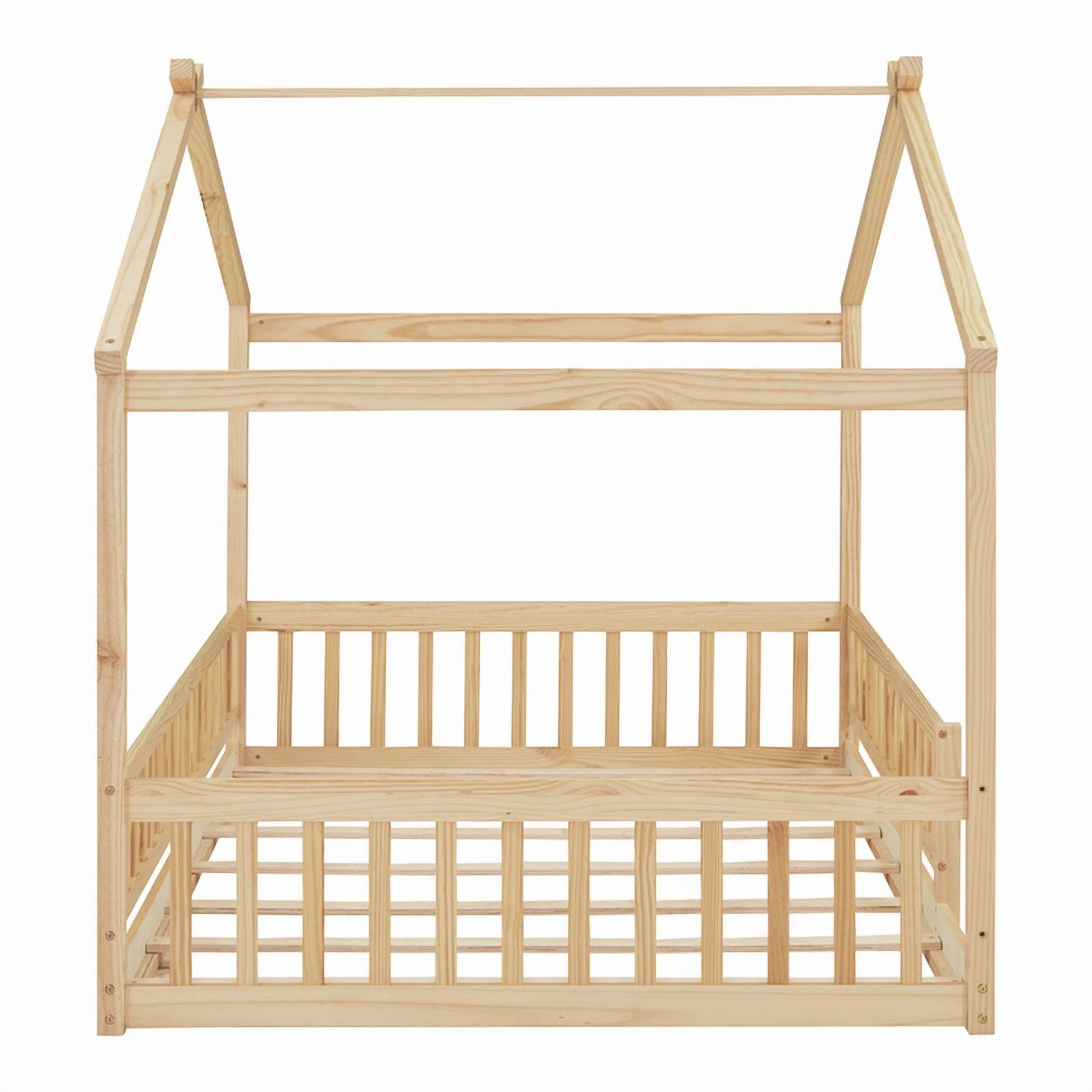 Full Size Wood House Bed with Fence and Roof Frame, Kids Floor Montessori Bed with Safety Guardrails, Sturdy Pinewood Playhouse Bed for Boys Girls