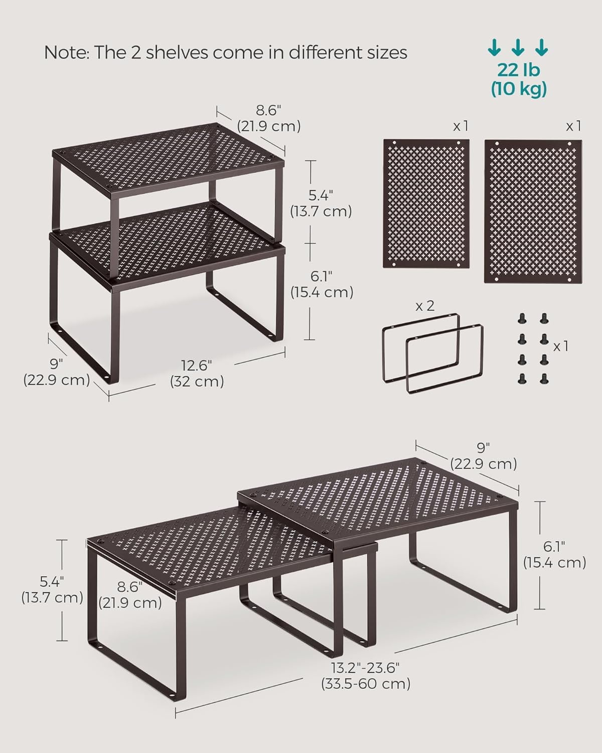 2 Pack Spice Rack, Cabinet Shelf Organizers, Shelf Organizer, Countertop Organizer, Shelf Riser, Stackable, Expandable, Metal Kitchen Counter Shelves, Brown
