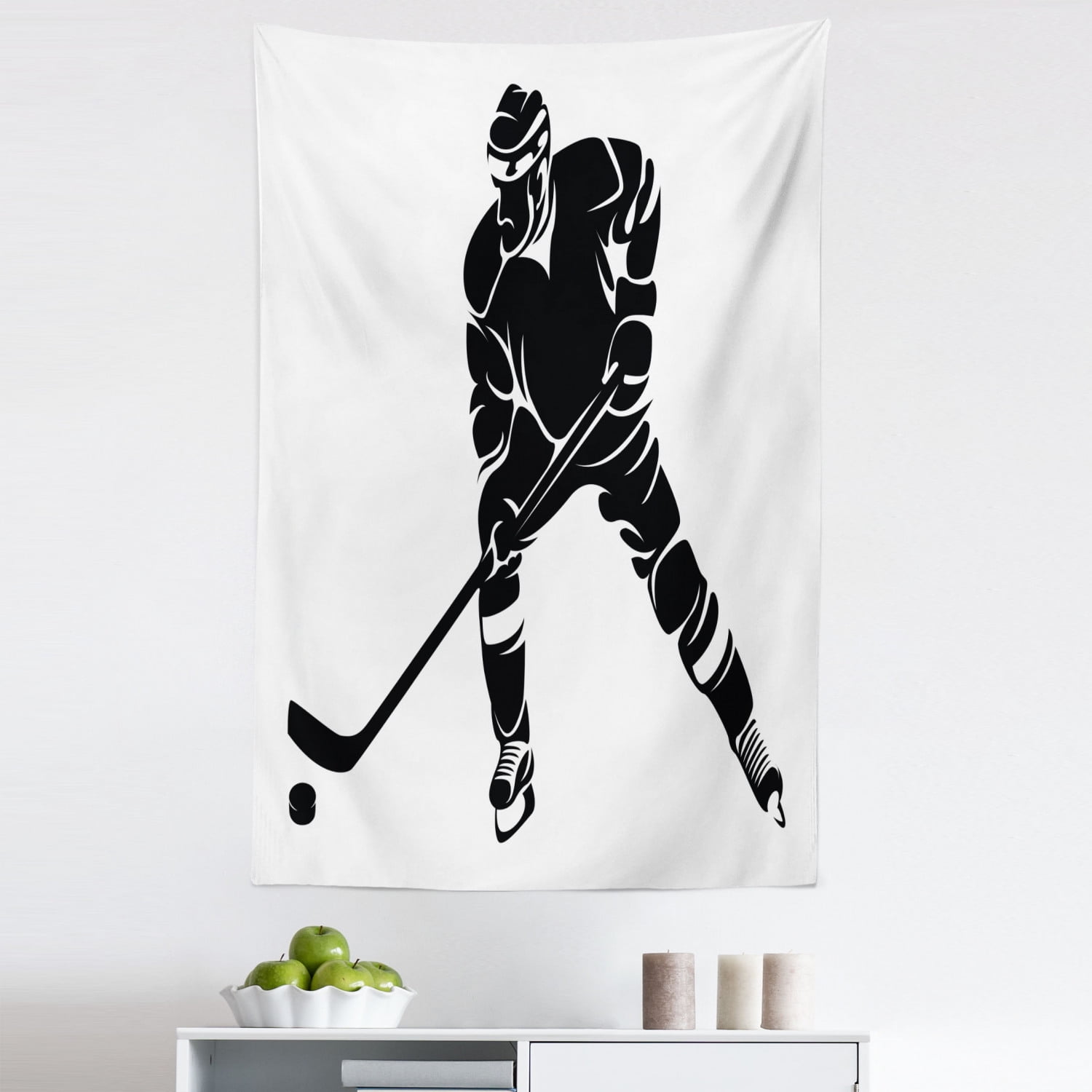 Hockey Tapestry, Abstract Black Silhouette of a Competitive Player in