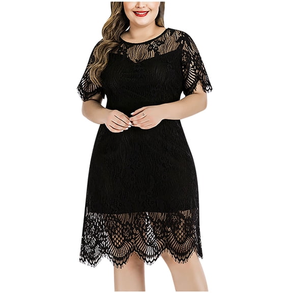 gakvbuo Plus Size Dress For Women Wedding Guest Women's Casual Plus Size Round Neck Short Sleeve Lace Solid Knee Length Dress