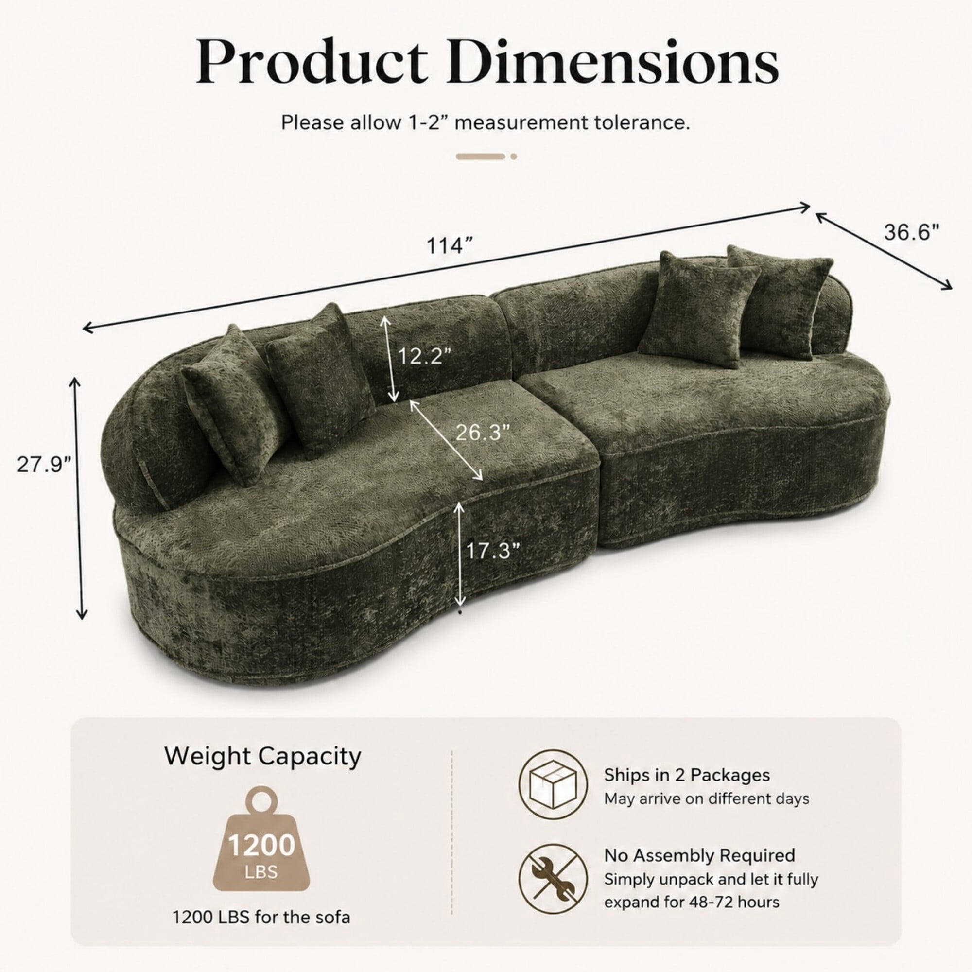 DEALTOPS 114" Modular Boucle Curved Sectional Sofa, 4-Seater Cloud Couch with No Assembly, Green