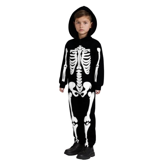 CONZONE Halloween Skeleton Outfit For Kids Hallowmas Hooded Jumpsuit Dress Up Clothes For Kids Funny Festival Stage Performance Outfits Black