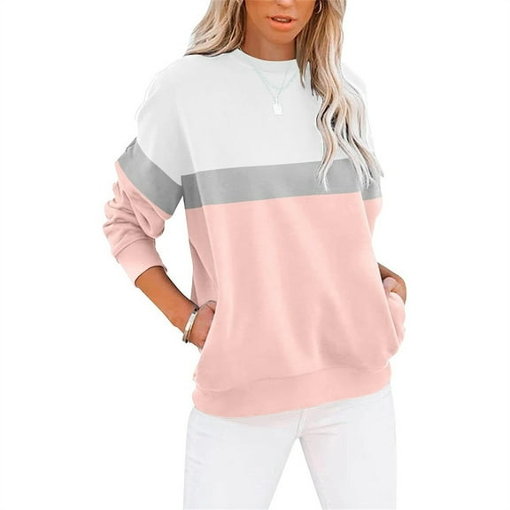 STICHOU Light pink Sweatshirts for Women Color Block Cute Long Sleeve Comfort Shirts Fall Trendy Crewneck Pullover with Pockets Light pink S