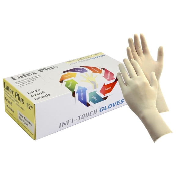 Infi-Touch Latex Gloves Powder Free, 12" Length, 100 Count - (Size-Medium)