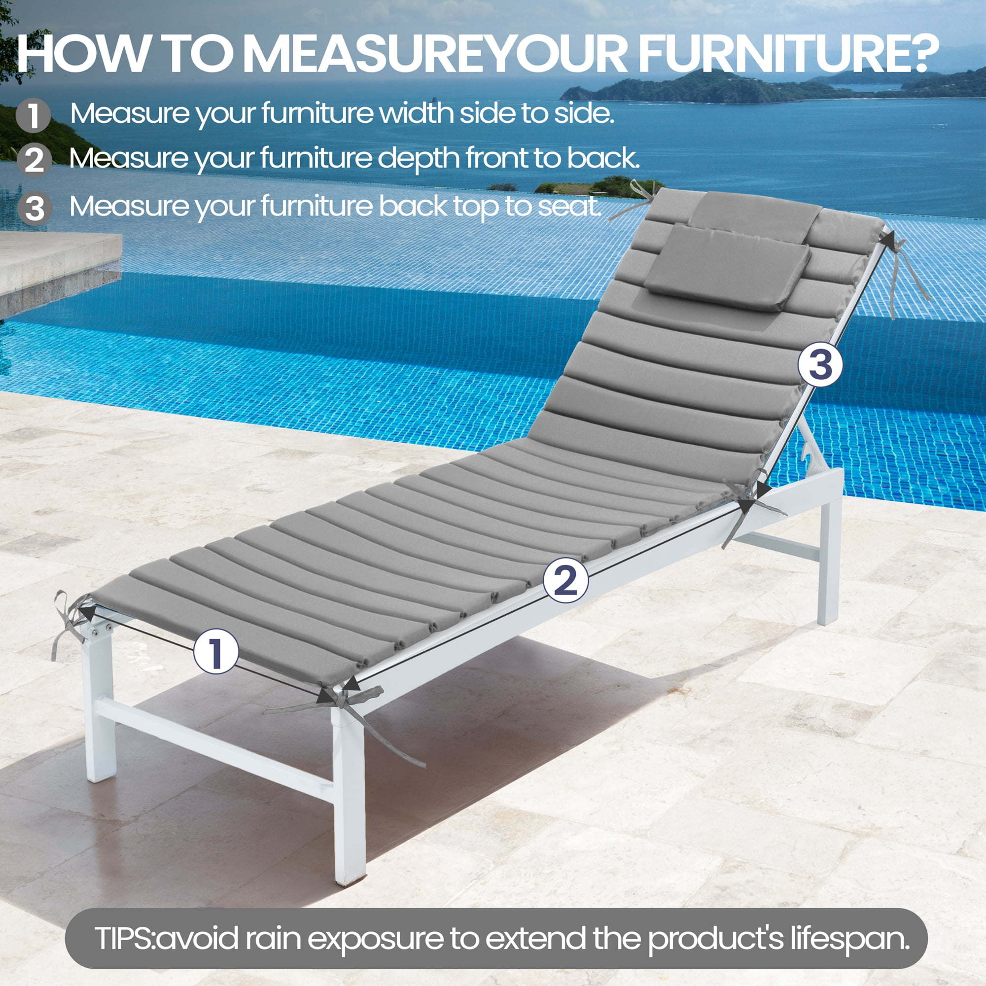 Pellebant Outdoor Set of 2 Chaise Lounge Cushions with Headrest for Patio Furniture,80"L x 26"W x 1"T Light Gray