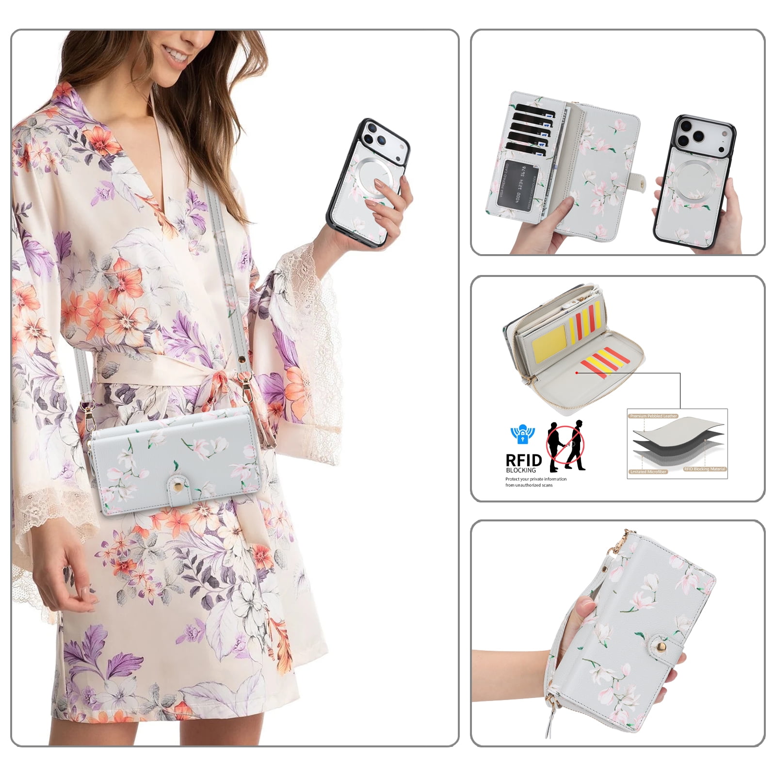 TECH CIRCLE 2-in-1 Wallet Case for iPhone 16 Pro (6.3", 2024), Detachable Magnetic Back Cover, Flip Flower Phone Case with 15 Card Slots, Zipper Pocket, Crossbody Strap, Wrist Strap, Gray
