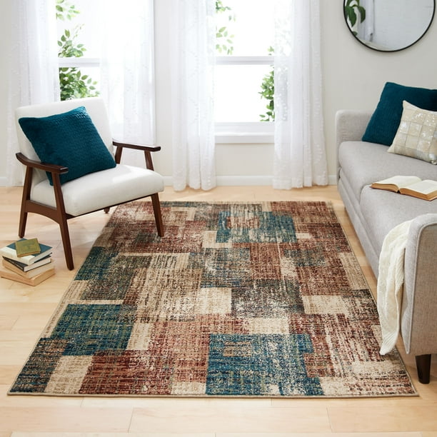 Mainstays Abstract Tiles Indoor Living Room Area Rug Brown 5 X 7 Walmart Com Walmart Com