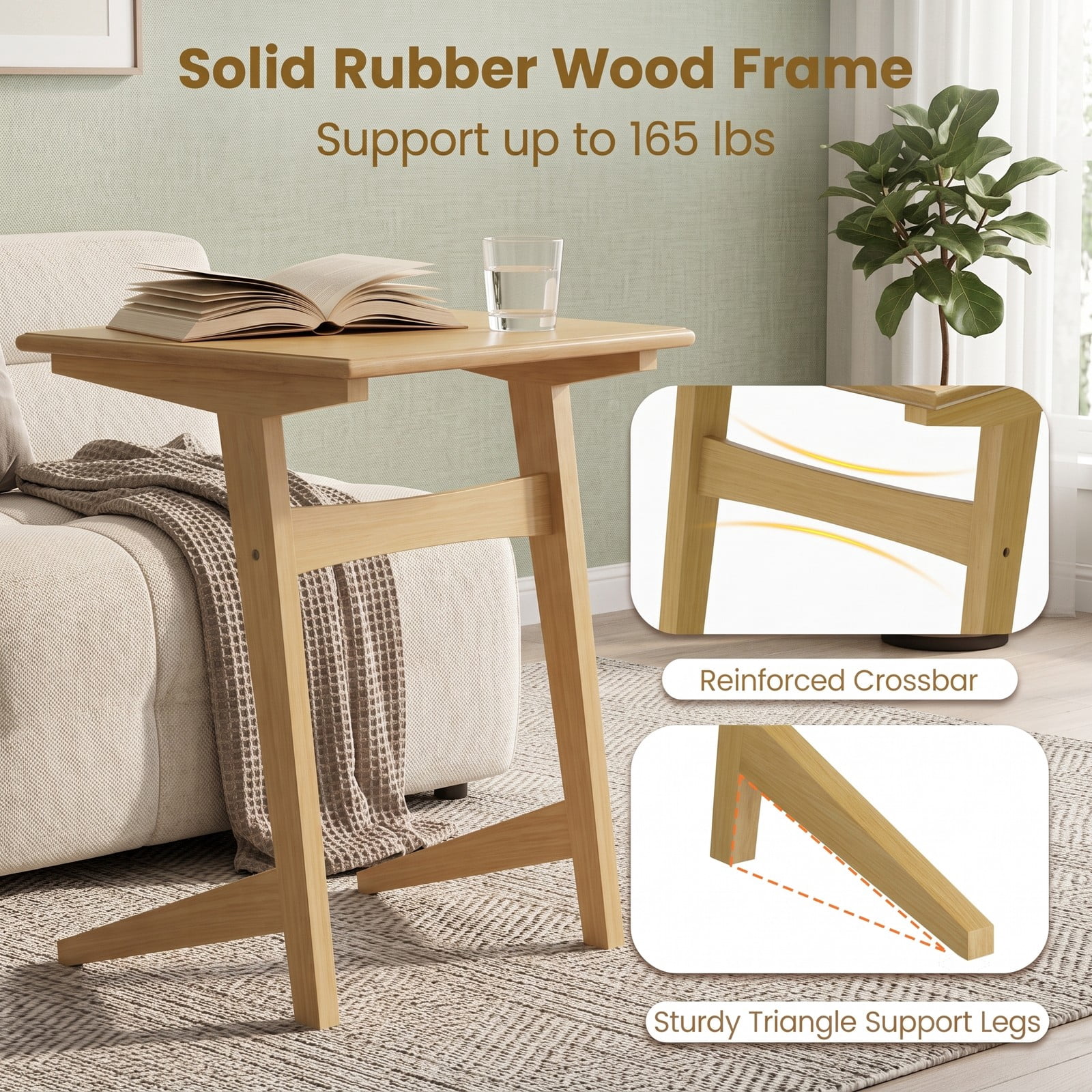 Furnibear Set of 2 C Shaped End Tables, Space-Saving Wood Sofa Side Tables with Veneered Top, Slide Under Couch Snack Laptop Tables with Sturdy Triangle Base, Natural