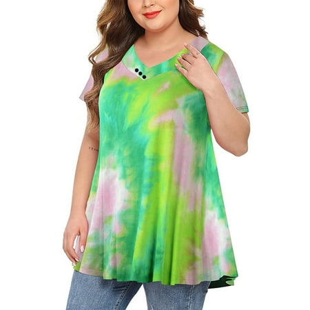 

Simplmasygenix Women Tops Summer Clearance Women Plus Size Tops Tie-dye Print Short Sleeve V-neck Blouse Pleated Hem Shirt