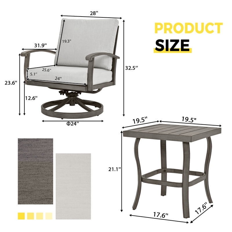 Aluminum Outdoor Bistro Set - 3 Piece Swivel Rocker Patio Chairs with Thick Cushions and Side Table, Small Patio Furniture Set for Backyard Porch Balcony