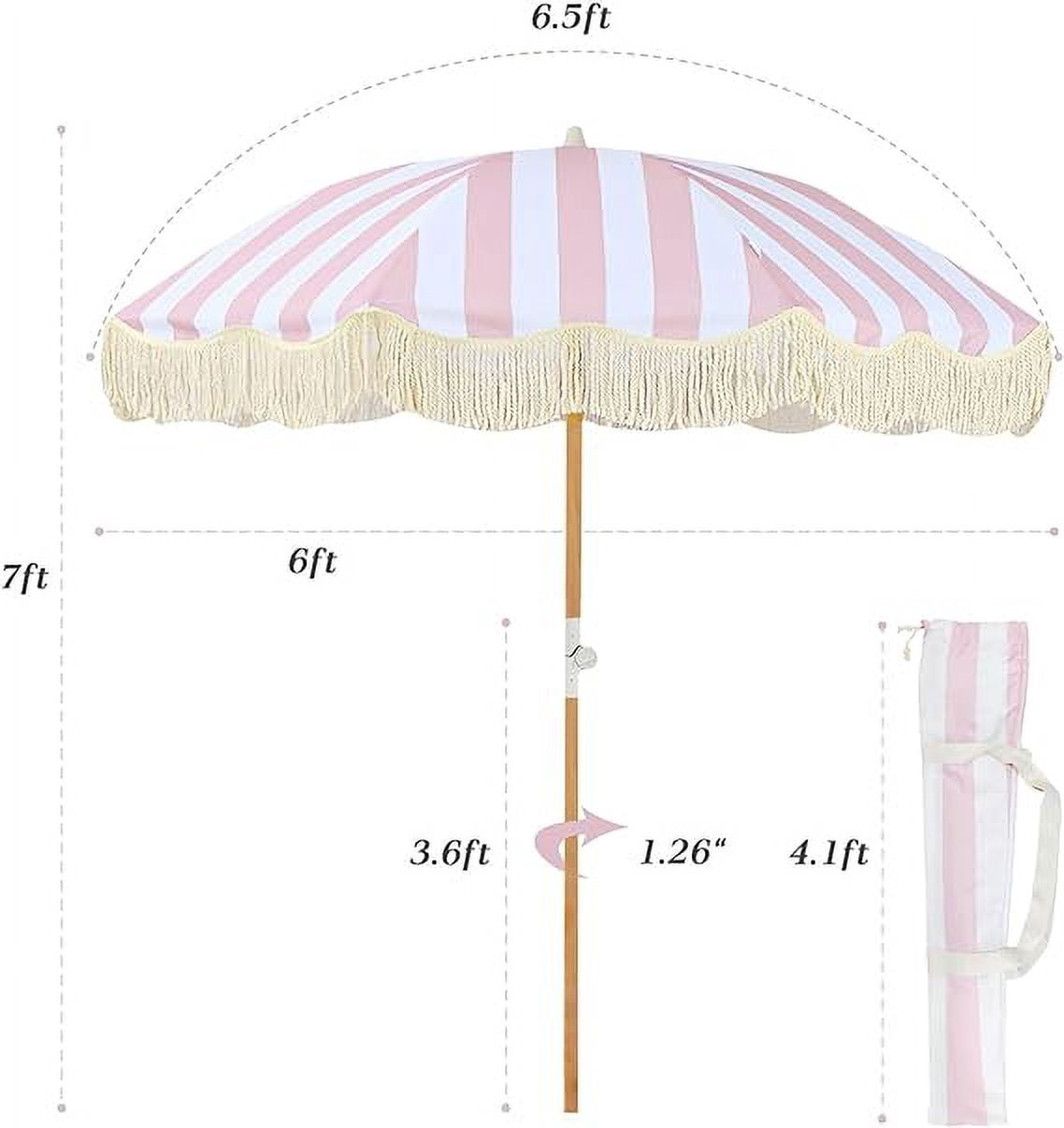 Boho 6ft Pink Stripe Round Patio Beach Umbrella, UPF 50+, Fringe, Adjustable Tilt, Waterproof