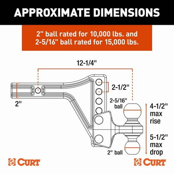 CURT 45935 Adjustable Trailer Hitch Ball Mount with Dual Ball, 2" Shank, Up to 15,000 lbs