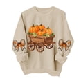 thumbnail image 4 of DeeHomeMo Pumpkin Harvest Cart Print Women Pullover Sweatshirt Wide Round Neck Long Sleeve Regular Fit Bow Applique On Sleeves For Fall Daily Casual Outing Khaki,S, 4 of 5