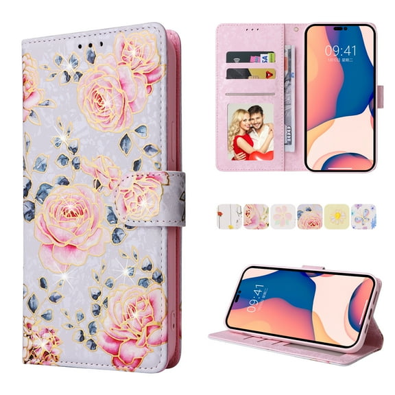 SaniMore for iPhone 14 Pro Max 6.7" 2022 PU Leather Case with Luxury Flower for Girls Women Stand Feature Card/Cash Slots Detachable Wrist Strap Magnetic Clasp All-inclusive Case, Pink Rose