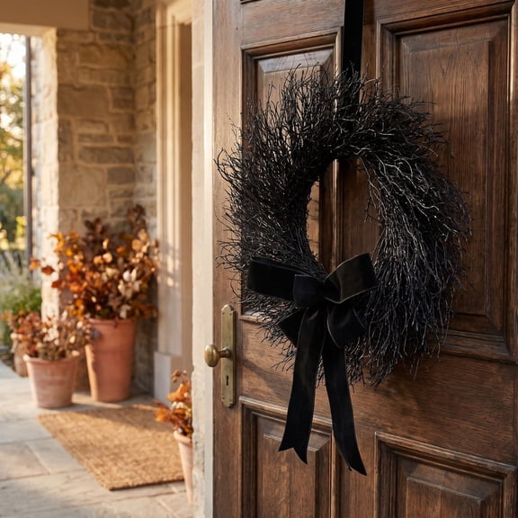 Winter Poetry Upgrade 24 Inch Black Halloween Wreath, Gothic Foliage Twisted Vine Garland, Weather Resistant Reusable Porch Door Decor