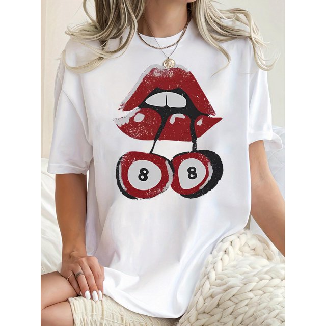 T-Shirt Graphique Amusant pour Femmes avec Lèvres Cerises - T-Shirt à Manches Courtes et Col Rond Décontracté, Extensible et Lavable en Machine, Parfait pour l'Été, la Fête des Mères, le Nouvel An, le Festival du Printemps, la Saint-Valentin, en
