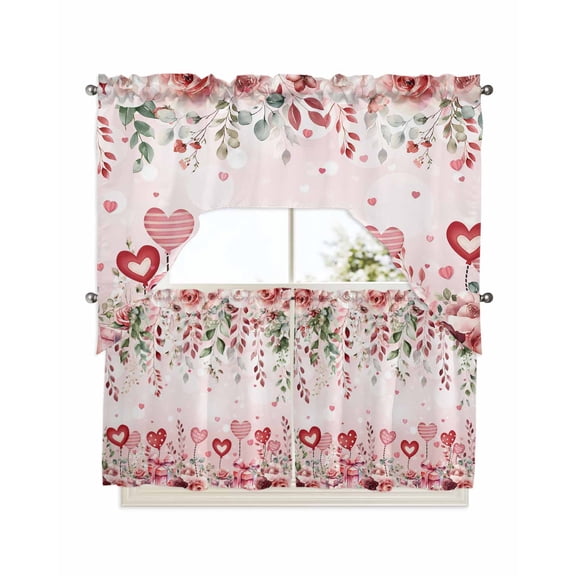 Pink Valentine's Day Kitchen Curtains Swag Valance and Tier Curtains Set 24 Inch Length, Spring Floral Romance Love Heart Roses Rod Pocket Drape Panels Pair Swag Curtains for Bathroom/Cafe/Window