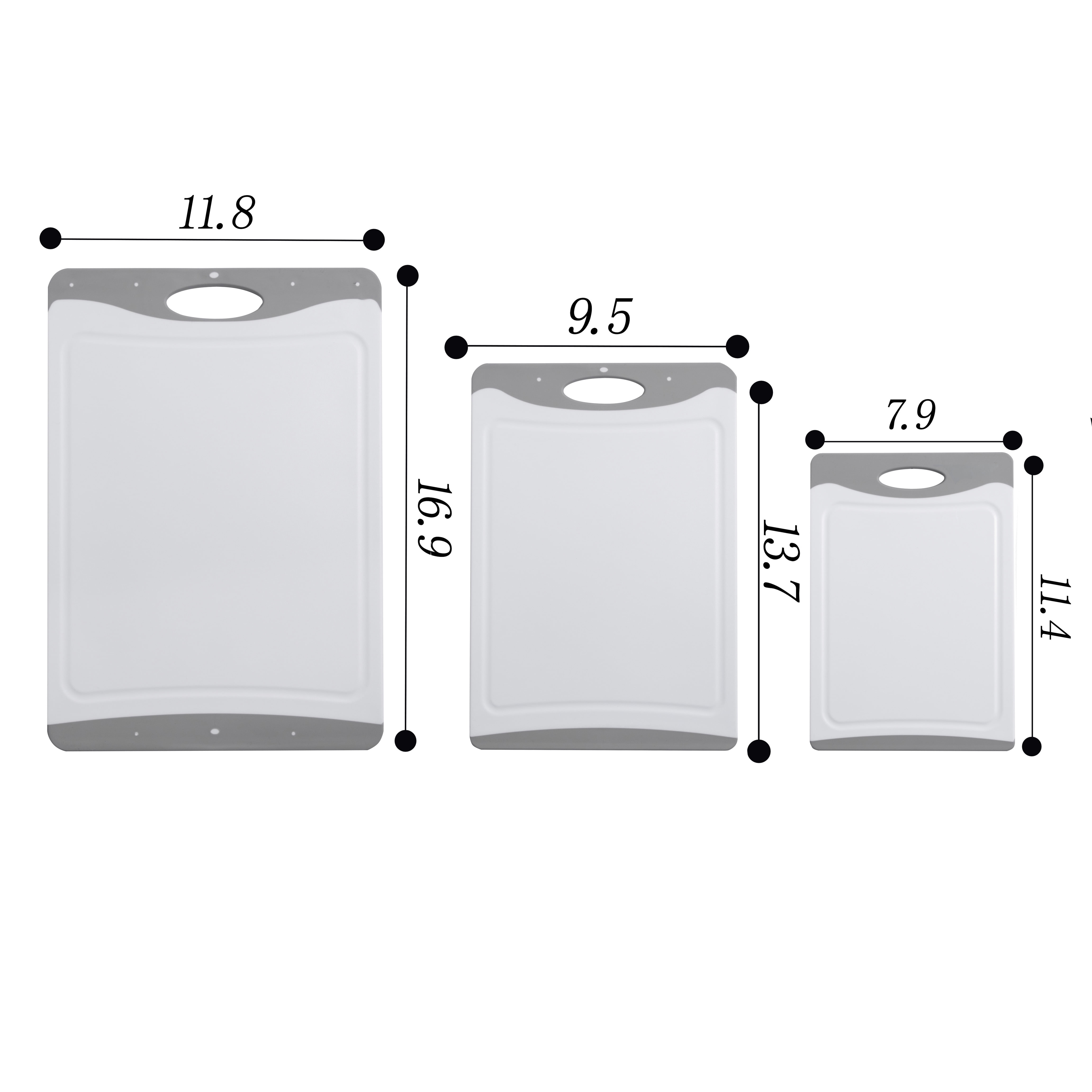 Mainstays 3-Piece Non-Slip Poly Cutting Boards, 50% Recycled PP, 16.9"x 11.8", 13.7" x 9.5", 11.4" x 7.9", White&Silver Color