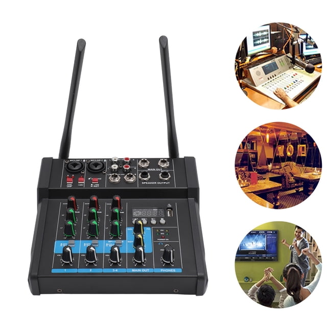 Microphone Mixer, Professional 4 Channel Audio Mixer with Dual Wire less Microphone Sound Mixer Board Console Blue tooth 48V Phantom Power USB Interface for DJ Karaoke Studio