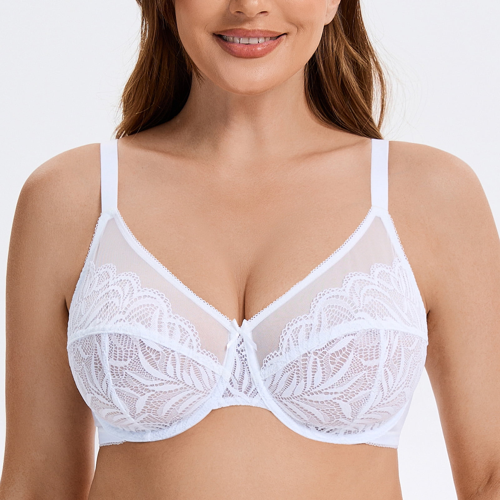 MELENECA Women's Minimizer Bras for Large Bust Underwire Plus Size Full Coverage Lace Bras White 40G