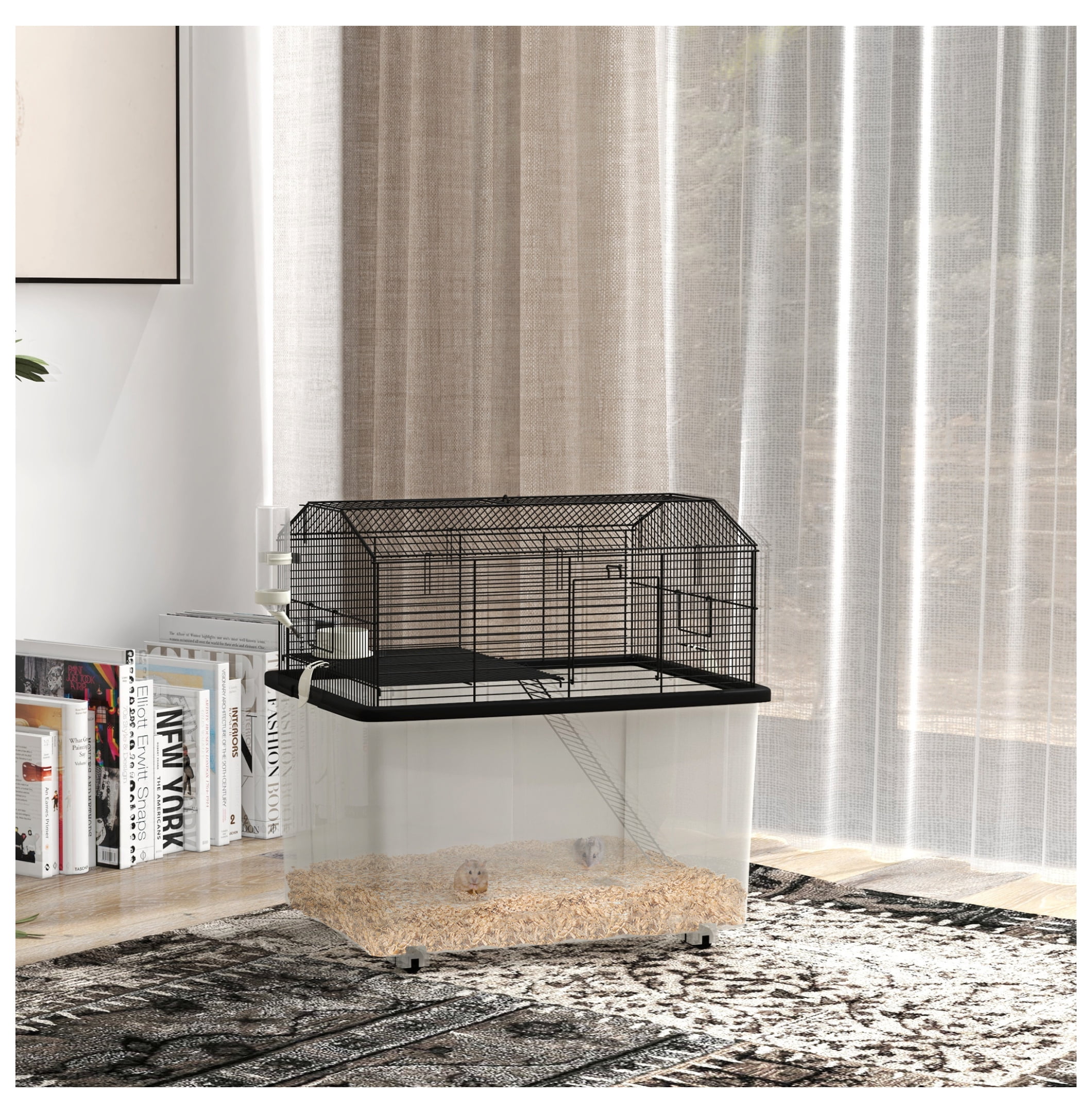 22" Hamster Cage 2-Tier Small Animal Habitat, Black - with Ramp, Water Bottle & Food Dish