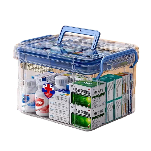 Multi-Layered Transparent Plastic Medicine Organizer Box with Secure Lockable Buckle & Hidden Handle - Spacious Storage for Home, Car, Camping & Office Use (Available in Transparent, Blue, White,