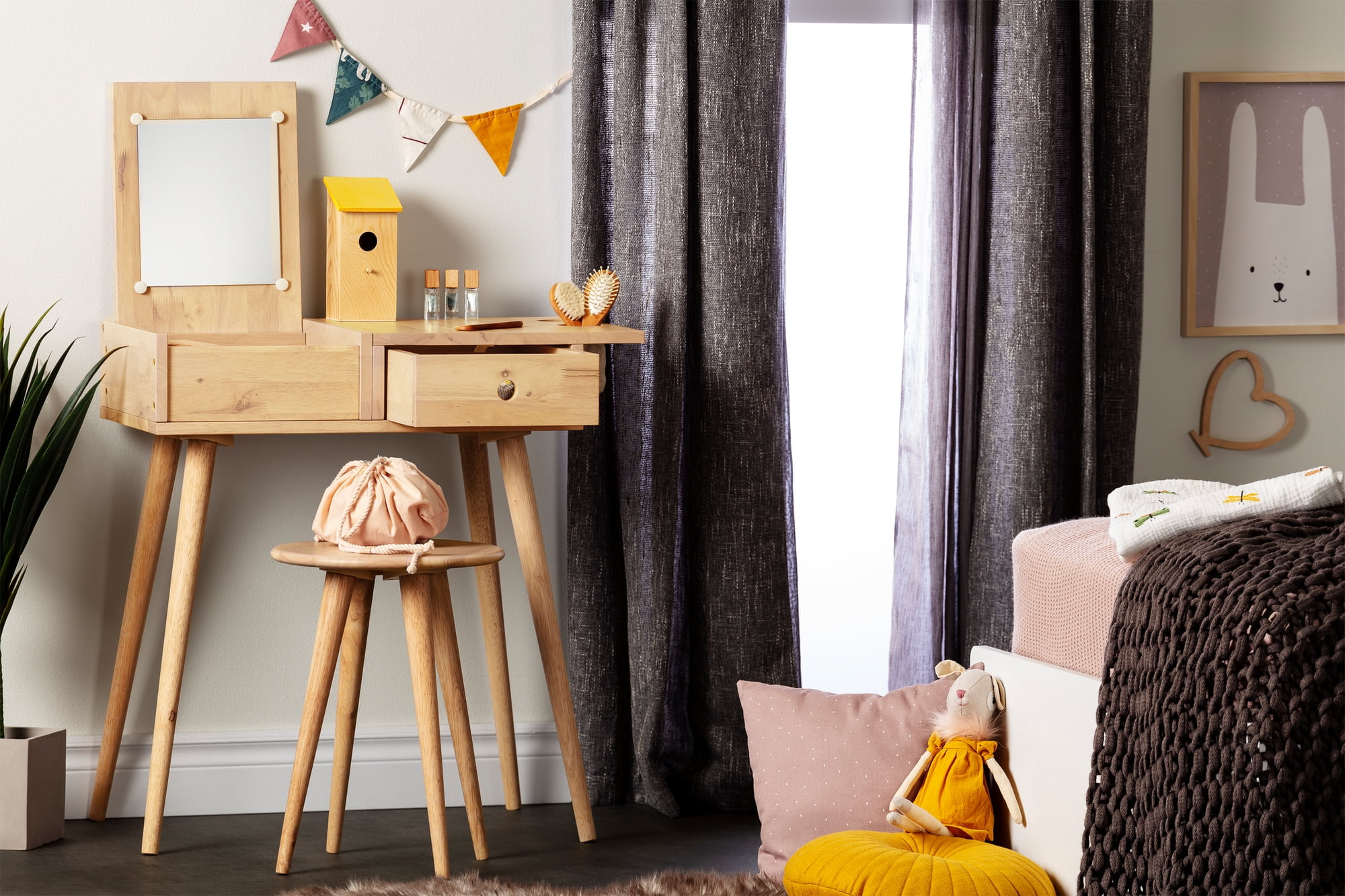 South Shore Sweedi Solid Wood Vanity Table With Stool Set Natural Wood Walmart Com Walmart Com