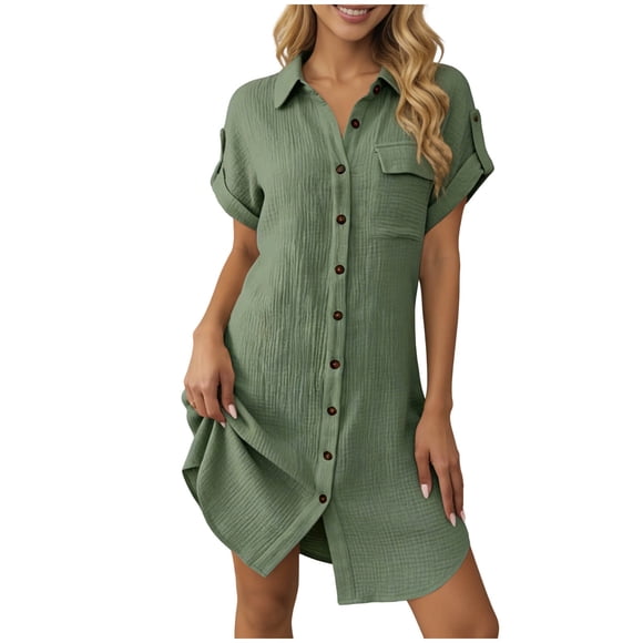 Ltctricy Women's Button down Shirt Dress Rolled Short Sleeve Collared Curved Hem Pleated Mini Tunic Dress Casual Dresses with Pocket