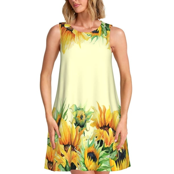 Disketp Sunflowers On A Yellow Background para Vestido sin Mangas para Mujeres, Vestidos de Verano para Mujeres, Casual y Holgado para la Playa
