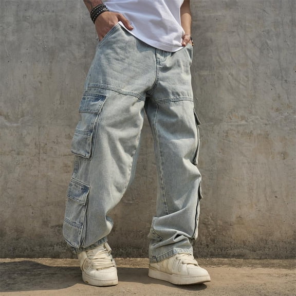 Reppunk Streetwear Stylish Loose Multiple pockets Men Carpenter Pants Cargo Jeans Male Solid color Straight Denim Trousers