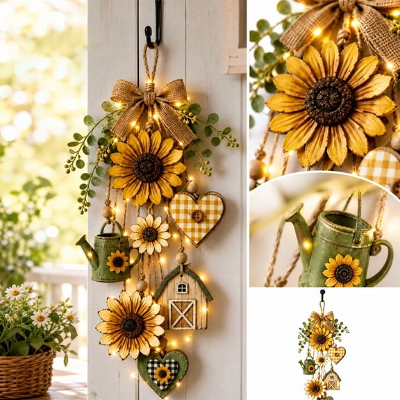 Hanging Sunflower Wall Decor, Rustic Garden Farmhouse Light Pendant, Floral Hanging Ornament for Home, Warm Glowing Decor with Wooden Accents, Ideal for Porch, Wall and Entryway Display