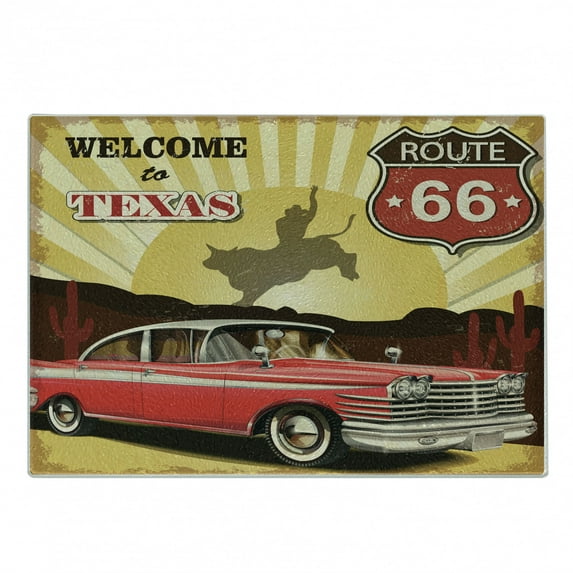 Vintage Cutting Board, Welcome to Texas Signboard Poster Cadillac Art Car Cowboys Town Rodeo Design, Decorative Tempered Glass Cutting and Serving Board, Small Size, Multicolor, by Ambesonne