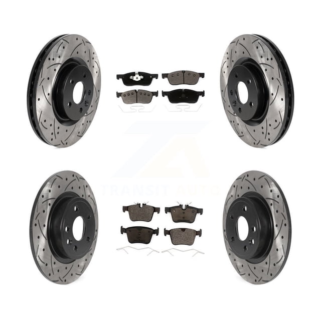 Transit Auto Front Rear Coated Drilled Slotted Disc Brake Rotors and Ceramic Pads Kit for Car Land Rover Discovery Sport Jaguar E-Pace KDT-101005