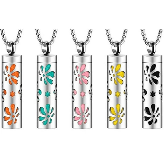 Aromatherapy Necklace Long Stainless Steel Hollow Flower Essential Oil Aromatherapy Pendant with 10 Reusable Felt Pads