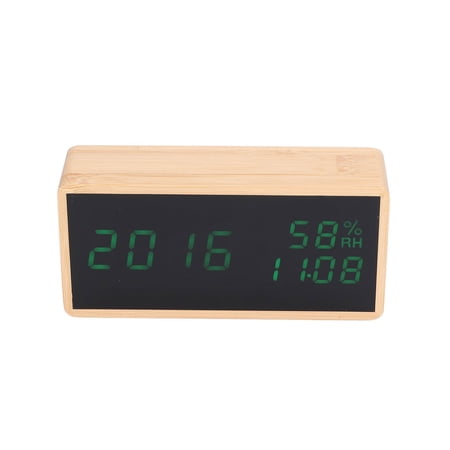 M Buder Alarm Clock Electronic Clock Temperature Humidity LED Digital Clock Sound Control Bamboo Green Display Modern Design Desk Clock