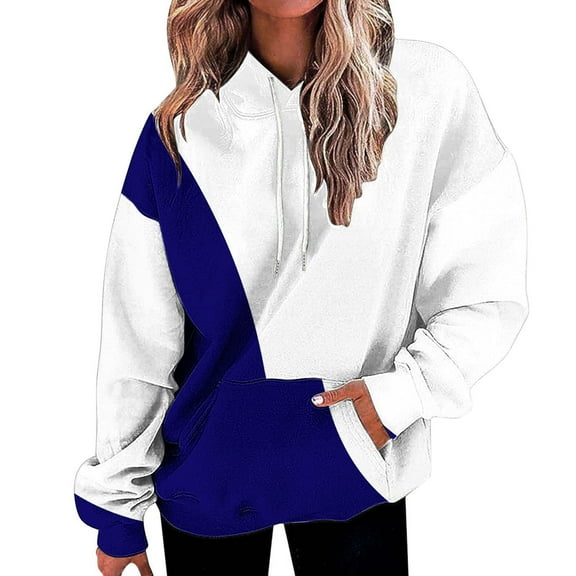 Frostluinai Women's Oversized Hoodies Color Block Drawstring Sweatshirts Long Sleeve Drop Shouolder Pullover Lightweight Hoodies with Pocket