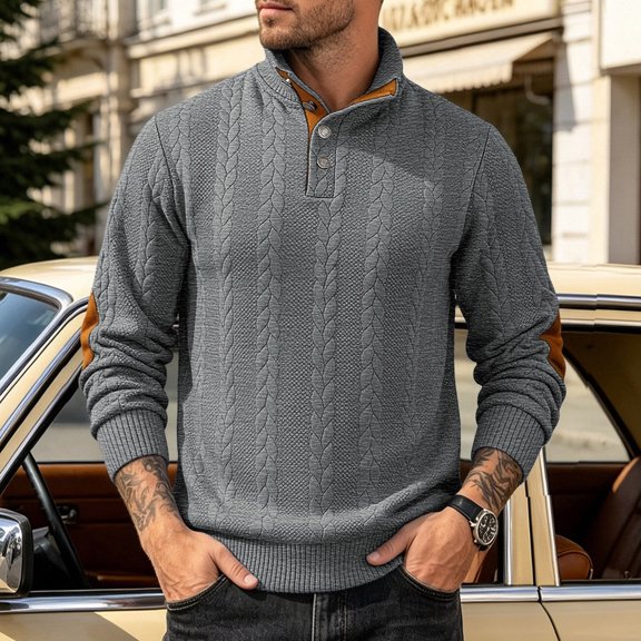 Gamivast Men's Button Neck Pullover Sweater Soft Cable Knit Long Sleeve Mock Neck Top with Elbow Patches Ribbed Cuffs Regular Fit for Casual Work Travel Fall and Winter Dark Gray S