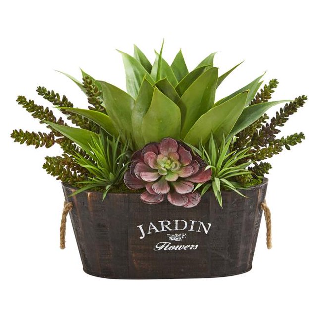 Nearly Natural 6468 Succulent Garden in Wood Planter