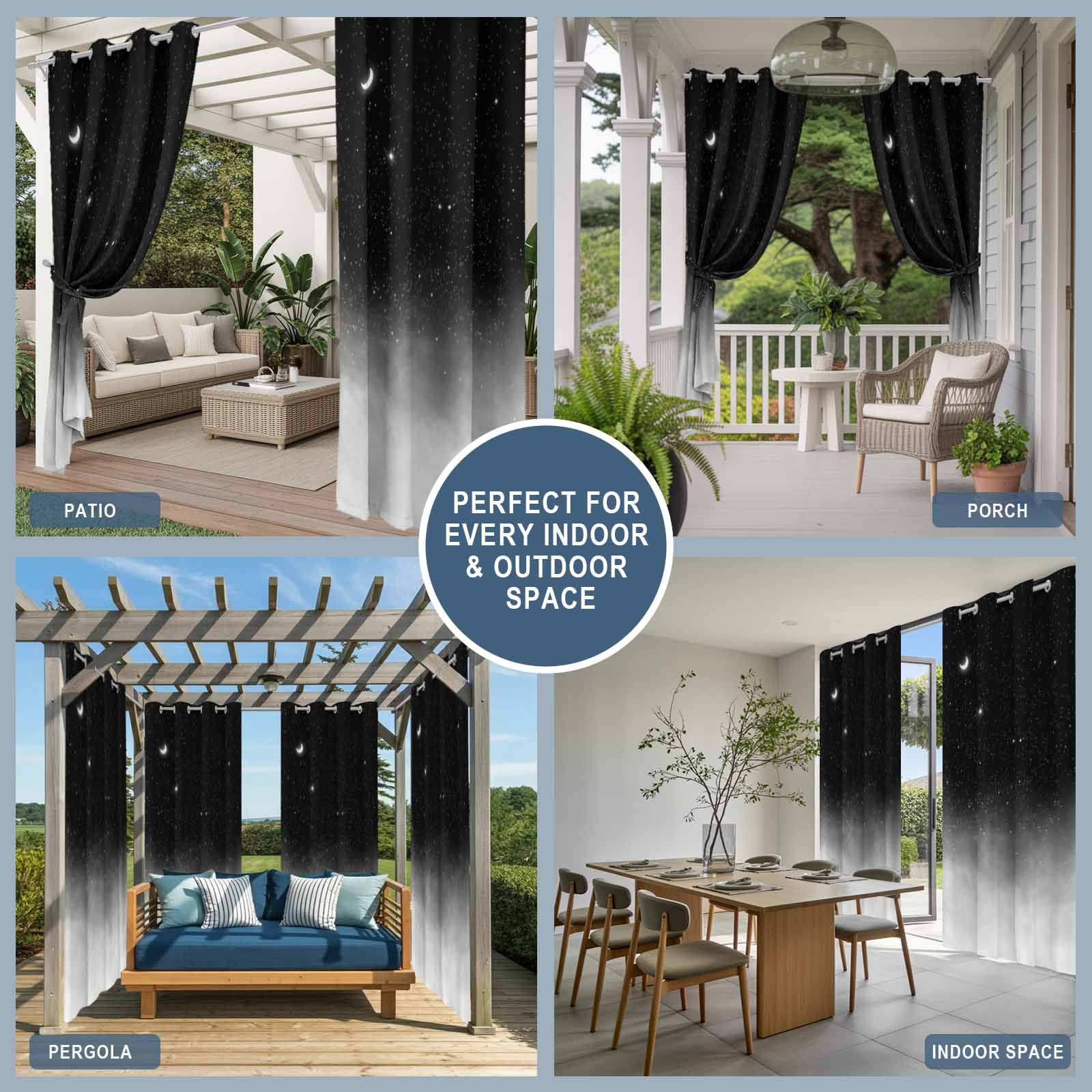 Crescent Moon Outdoor Curtains for Patio, Dreamy Black Misty Cloud Gray Gradient Fog Sunshade Privacy Drapes Grommet Waterproof Outside Curtains for Porch/Cabana/Balcony 54"x 108", 1 Panel