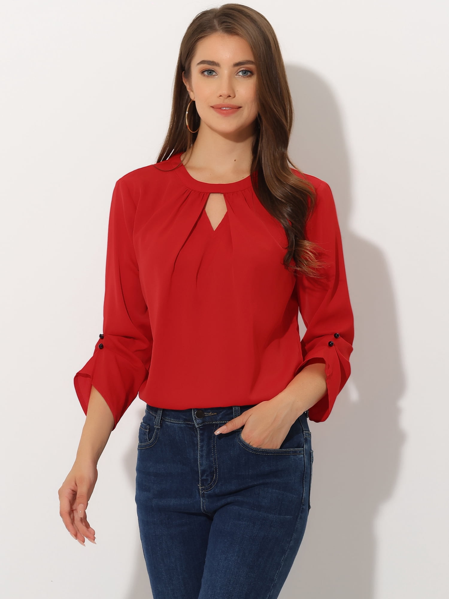DARING DIVA Round Neck Keyhole Pleated Shirred Work Top L Red