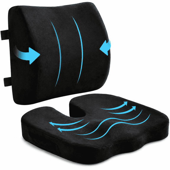 Seat Cushion and Lumbar Support Pillow for Office Chair, Memory Foam Car Seat Cushions Back Support Pillows, Help Relieve Pain of Back, Lumbar, Tailbone and Sciatic Nerve(Black)