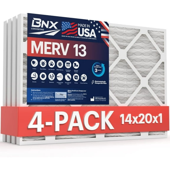 BNX 14X20x1 MERV 13 Furnace Air Filter, 4 Pack MADE IN USA HVAC AC Furnace