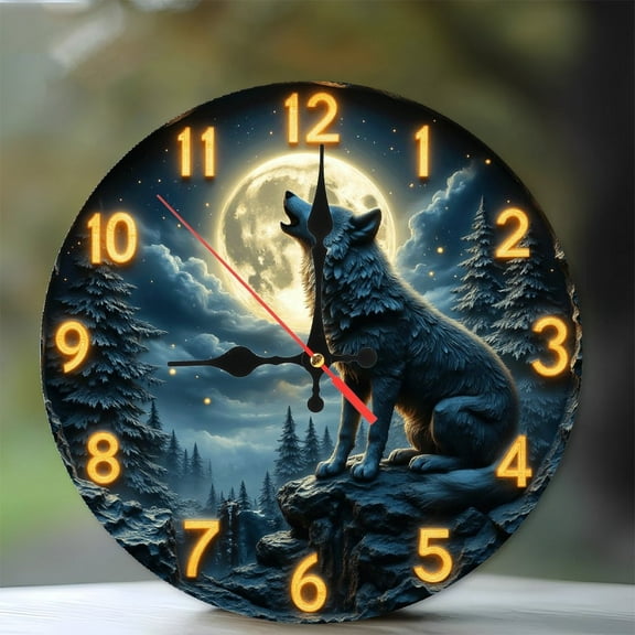 Wolf Howling at Full Moon Wall Clock 10-Inch Silent Wooden Wall Clock, Battery Operated (AA Batteries Not Included), Artistic Home Decor