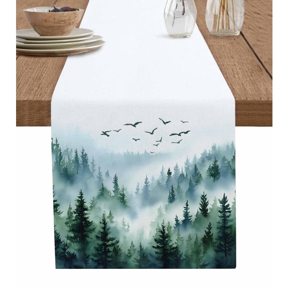 Green Ombre Mountain Table Runner 60 Inches, Watercolor Forest Bed Runner Dresser Scarves Tabletop for Indoor Outdoor Parties/Ceremony/Banquet, 13" x 60"
