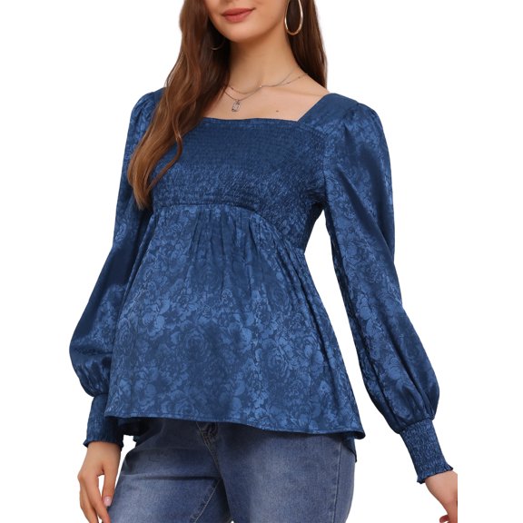 DARING DIVA Women's Maternity Jacquard Square Neck Lantern Sleeve Blouses S Blue