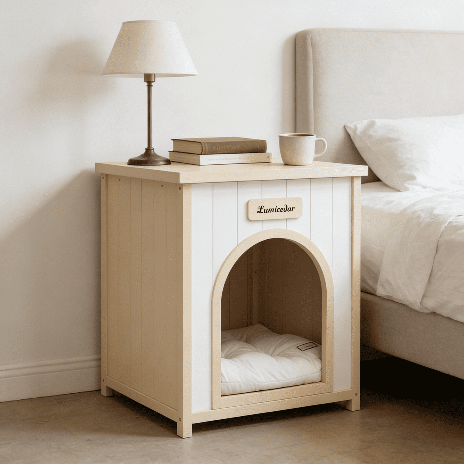 20.9'' Solid Wood Pet House,Cream White&Light Yellow Indoor Pet Shelter with Removable Cushion for Small Dogs,Cream White+Light Yellow