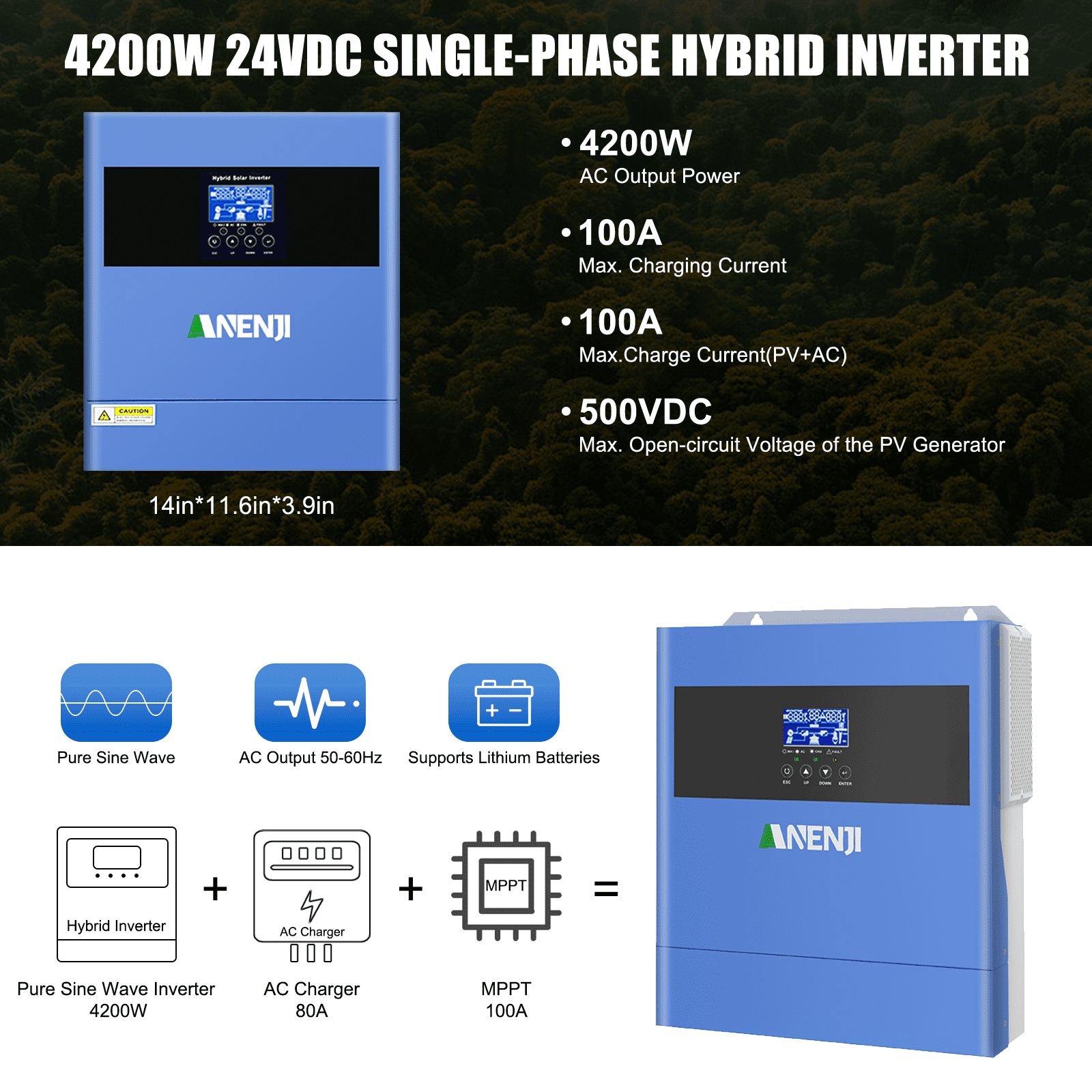 ANENJI 4200W Hybrid Inverter 24VDC, 220/230V AC All-in-One Pure Sine Wave 100A MPPT, Max PV Input Voltage 500V