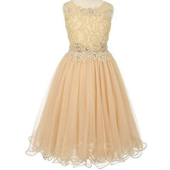 Big Girls' Sleeveless Rhinestone Lace Peekaboo Waist Pageant Flower Girl Dress Champagne 8 (C50C10)
